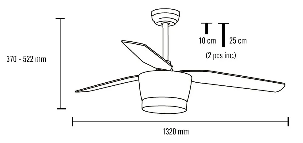Medidas de Ventilador de techo Levanto Mimax con luz