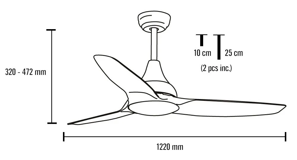 Medidas de Ventilador de techo Leveche Mimax con luz
