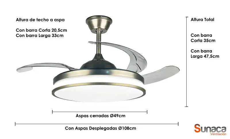 Medidas de Ventilador de techo MORALLA SUNACA con luz