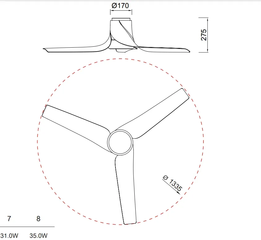 Medidas de Ventilador de techo Ushuaia MANTRA con luz
