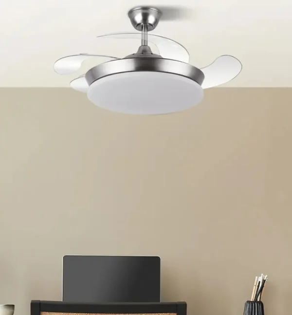 Ventilador retráctil Abrila Tridente Mini níquel luz LED 40-91 cm
