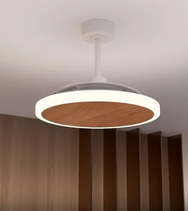 Ventilador retráctil Zioneled Platón blanco madera luz LED 55-107 cm