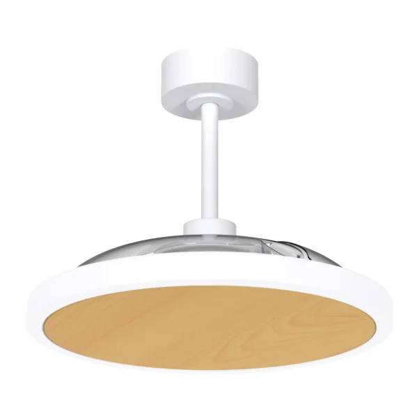 Ventilador retráctil Zioneled Platón blanco madera luz LED 55-107 cm